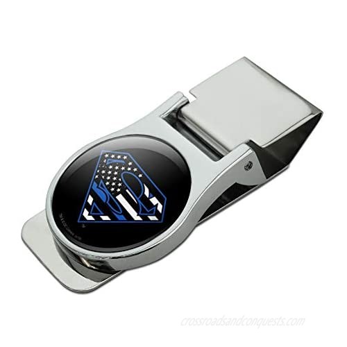 Superman Thin Blue Line Flag Shield Logo Satin Chrome Plated Metal Money Clip