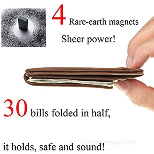 Toughergun Genuine Leather Magnetic Front Pocket Money Clip Wallet RFID Blocking(Coffee)