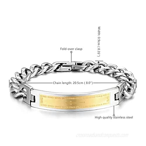BIYONGDE Mens Womens Curb Chain Bangle Bracelet Silver Gold Greek Key Pattern Cross ID Identification