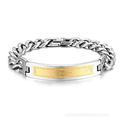 BIYONGDE Mens Womens Curb Chain Bangle Bracelet  Silver Gold Greek Key Pattern Cross ID Identification