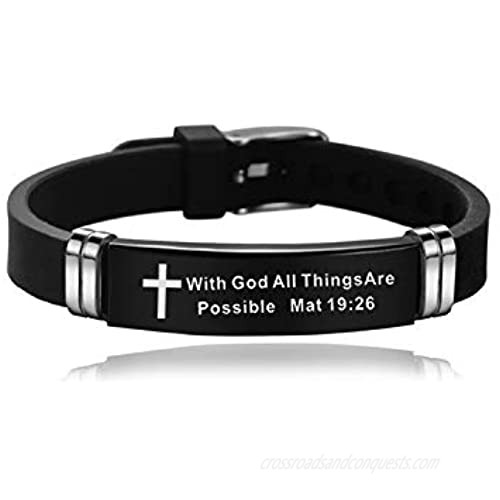 DWJSu Black Religious Scripture Quote Faith Christian Bible Verse Inspirational ID Wristban Cross Bracelets for Men Women