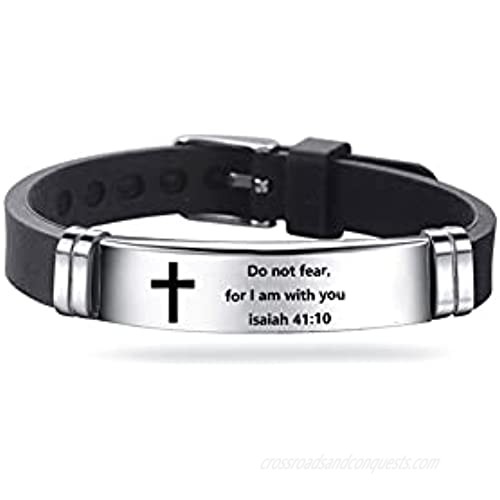 DWJSu Inspirational Quote Cross Bracelets Faith Christian Bible Verse Silicone ID Wristband Religious Gifts for Men Women Boys Girls Stainless Steel Rubber Adjustable