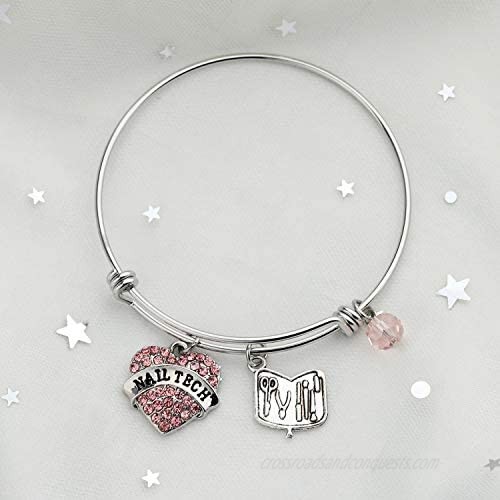 Gzrlyf Nail Tech Bracelet Pink Pave Heart Charm Nail Technician Gifts for Manicurist Coworkers