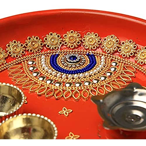 Handcrafted Red Small Pooja Thali Plate Platter Engagement Plate Decorative Steel Puja Thali with Essential Pooja Articles for Aarti Pooja Rituals Festival Wedding Decorations & Gifting ( Size- 5)