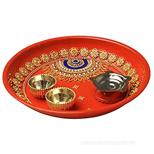 Handcrafted Red Small Pooja Thali Plate Platter Engagement Plate Decorative Steel Puja Thali with Essential Pooja Articles   for Aarti Pooja Rituals Festival Wedding Decorations & Gifting ( Size- 5")