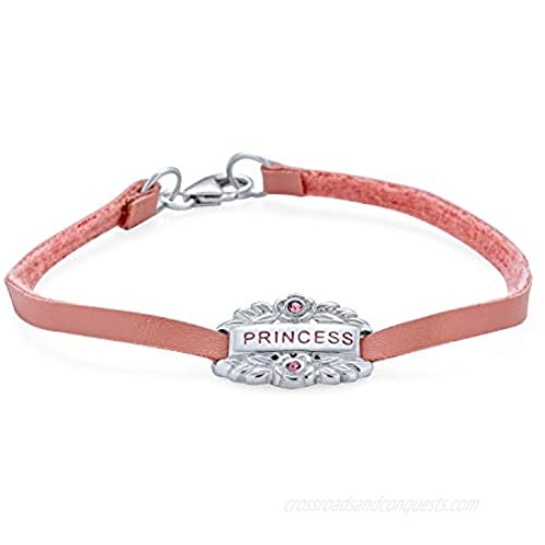 Small Heart Leather Pink Princess Word Name Plate ID Bracelet For Women For Teen 925 Sterling Silver 6 Inch