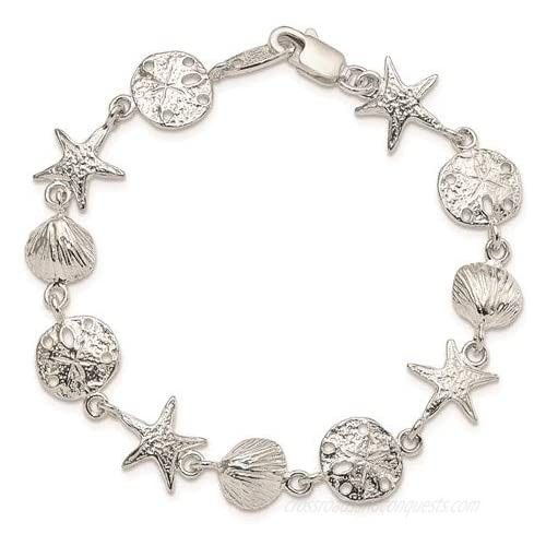 Sterling Silver Seashells Starfish and Sand Dollar Bracelet - 7 Inch - Lobster Claw