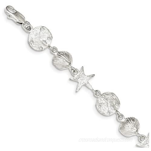 Sterling Silver Seashells  Starfish and Sand Dollar Bracelet - 7 Inch - Lobster Claw