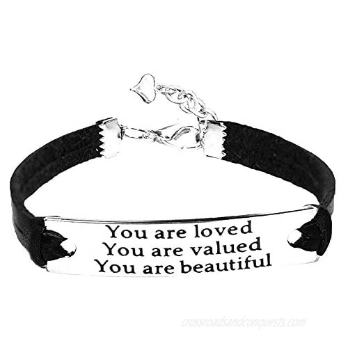TISDA "You are loved You are valued You are beautiful" Inspirational Bracelet Black Leather Metal Bracelet