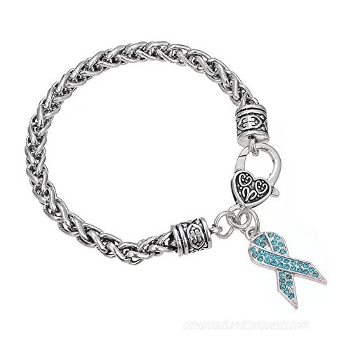 Turquoise Crystal Stone Cancer Awareness Ribbon Charm Lobster Clasp Bracelet for Women