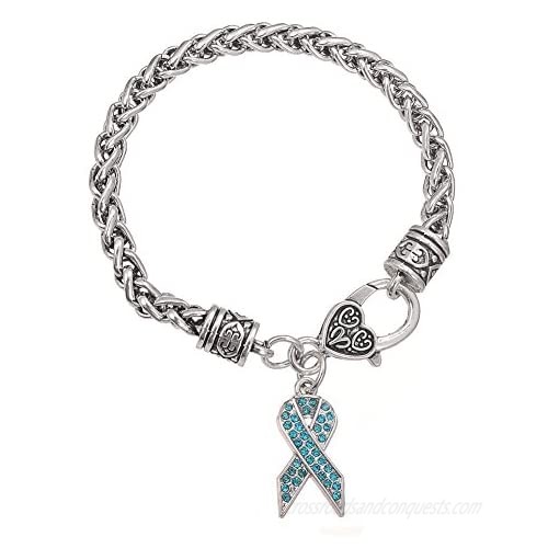 Turquoise Crystal Stone Cancer Awareness Ribbon Charm Lobster Clasp Bracelet for Women