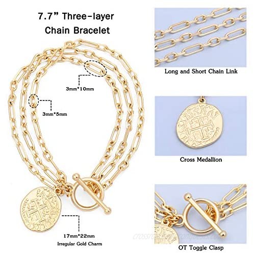 18k Gold Dainty Link Chain Bracelet Cross Evil Eye Charm Bracelet Trendy Layering Stacking Jewelry