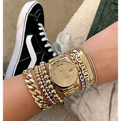 3Pcs 14K Gold Plated Chain Link Bracelet Set for Men Women Cuban Paperclip Chain Stainless Steel Stackable Stretchable Elastic Gold Bead Ball Bracelet Set