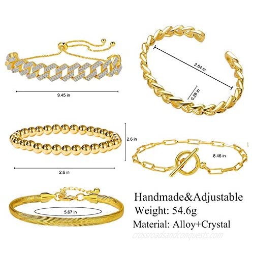 5 Pcs Gold Chain Link Bracelet For Women 14K Gold Plated Dainty Adjustable Cuban Paperclip Bead Bracelets Bangle For Women Girls Jewelry Gifts