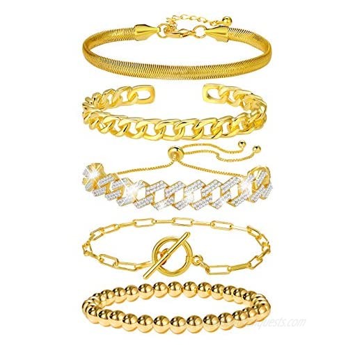 5 Pcs Gold Chain Link Bracelet For Women 14K Gold Plated Dainty Adjustable Cuban Paperclip Bead Bracelets Bangle For Women Girls Jewelry Gifts