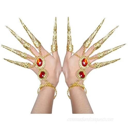 AvaCostume Womens Belly Dance Gypsy Egyptian Gold Bracelet with Finger Nails