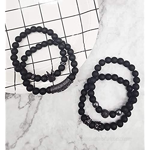 CARSHIER 4 PCS 8mm Crown King Charm Beads Bracelet for Men Women Natural Black Matte Onyx Stone Beads 7.5