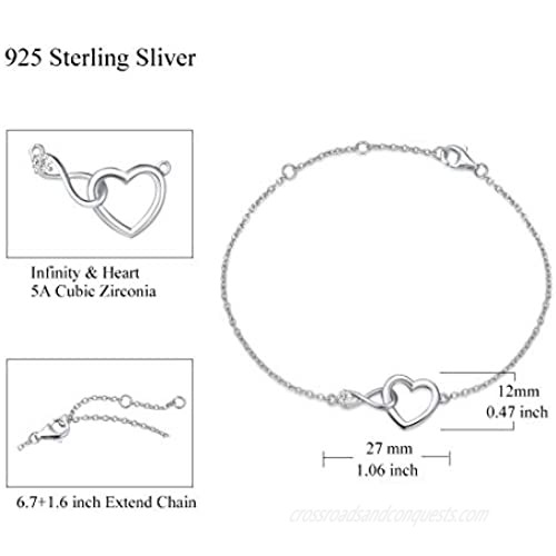FANCIME 925 Sterling Sliver Infinity Love Heart Necklace Bracelet Cubic Zirconia Dainty Birthday Anniversary Jewelry Gifts for Her Women Girls Adjustable Chain