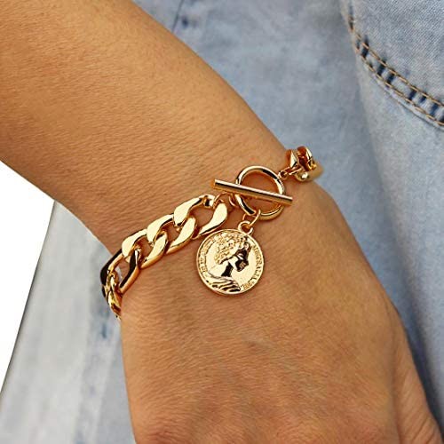 Gold Chain Cuban Link Bracelet for Men Women Coin Heart Pendant Anklet 18K Gold Plated