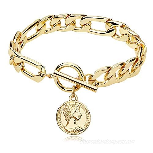 Gold Chain Cuban Link Bracelet for Men Women Coin Heart Pendant Anklet 18K Gold Plated