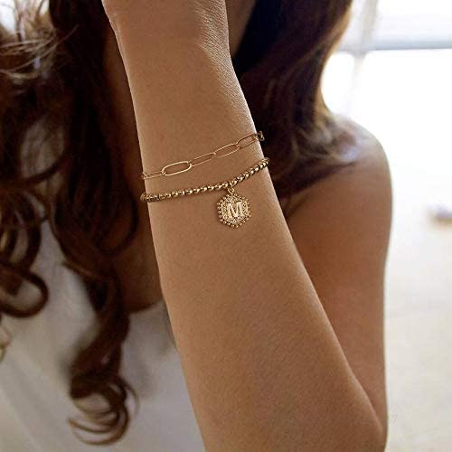 Gold Initial Bracelets for Women 14K Gold Plated Beaded Bracelets for Women Teen Girls Hexagon Pendant Personalized Gold Layered Paperclip Link Chain Bracelets Initial Bracelet Dainty Initial Jewelry