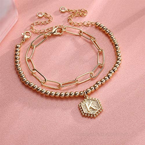 Gold Initial Bracelets for Women 14K Gold Plated Beaded Bracelets for Women Teen Girls Hexagon Pendant Personalized Gold Layered Paperclip Link Chain Bracelets Initial Bracelet Dainty Initial Jewelry