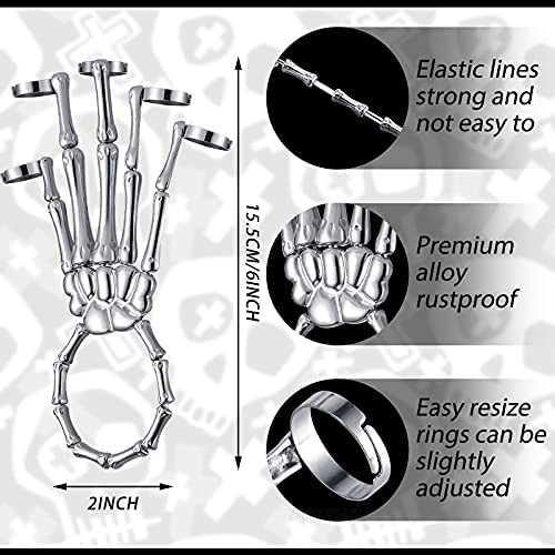 Hicarer 2 Pieces Halloween Skull Skeleton Hand Bracelet with Ring Metal Hand Bangle Bracelet Skull Fingers Wristband for Men and Women Jewelry