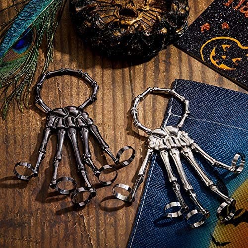 Hicarer 2 Pieces Halloween Skull Skeleton Hand Bracelet with Ring Metal Hand Bangle Bracelet Skull Fingers Wristband for Men and Women Jewelry