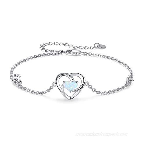 I Love You to The Moon and Back Bracelet 925 Sterling Silver Heart Opal Bracelet Moonstone Bracelet Birthday Bracelet Gift for Mom Women Wife Girls