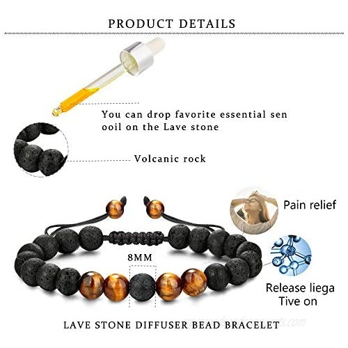 Jstyle 6Pcs Adjustable Lava Rock Stone Beads Bracelets for Men Women 8mm Black Matte Onyx Tiger Eye Natural Stone Black Essential Oil Diffuser Anxiety Bracelets Sets
