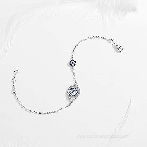 Kaletine Blue Evil Eyes Link Bracelet Sterling Silver 925 Cubic Zirconia Chain Adjustable 6.7 7 7.5
