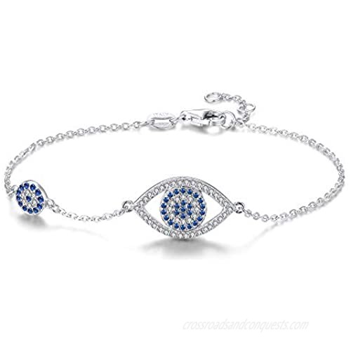 Kaletine Blue Evil Eyes Link Bracelet Sterling Silver 925 Cubic Zirconia Chain Adjustable 6.7" 7" 7.5"