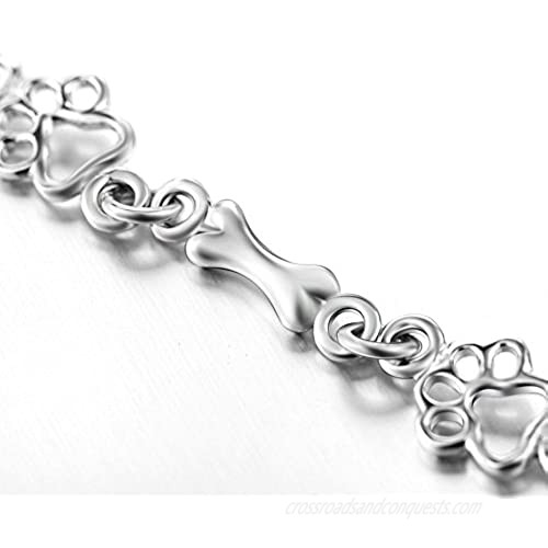 LUHE Paw and Bone Bracelets Anklets 925 Sterling Silver Dog Bone Paw Print Ankle Bracelets for Women Girls (Silver)