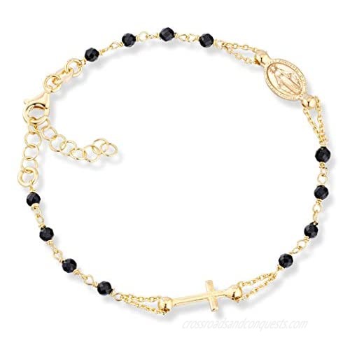 MiaBella 18K Gold Over 925 Sterling Silver Italian Natural Black Spinel Rosary Cross Charm Bead Bracelet for Women Teen Girls  Adjustable Link Chain 6 to 8 Inch Handmade in Italy