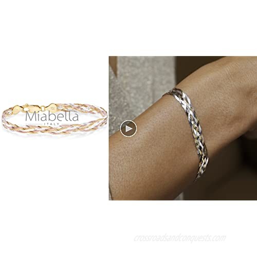 Miabella Tri-Color 18K Gold Over 925 Sterling Silver Italian 6-Strand 7mm Braided Herringbone Chain Bracelet for Women Teen Girls 6.5 7.25 8 Inch Italy