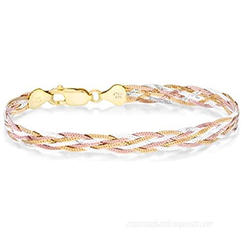 Miabella Tri-Color 18K Gold Over 925 Sterling Silver Italian 6-Strand 7mm Braided Herringbone Chain Bracelet for Women Teen Girls 6.5  7.25  8 Inch Italy