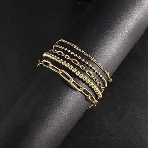 N A Gold Chain Bracelet Sets for Women GirlsBracelets Adjustable Layered Metal Link Bracelet Set Handmade Fashion Jewelry.
