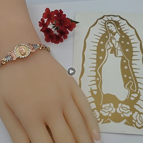 Our Lady of Guadalupe Tri Color Gold Plated Bracelet with a Vinyl Sticker for your car window or any smooth surface. Pulsera de la Virgen de Guadalupe. Chapa de Oro. Oro Laminado. Religious Jewelry.