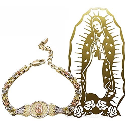 Our Lady of Guadalupe Tri Color Gold Plated Bracelet with a Vinyl Sticker for your car  window or any smooth surface. Pulsera de la Virgen de Guadalupe. Chapa de Oro. Oro Laminado. Religious Jewelry.