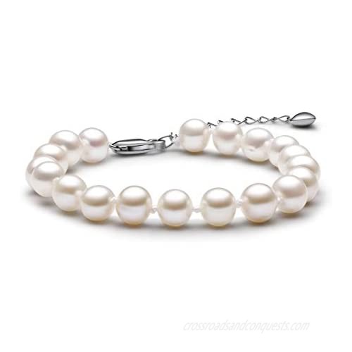 Pearl Bracelets for Women Freshwater Cultured White Round Sterling Silver Genuine Pearl Bracelet for Girls 6-6.5mm/6.5-7.5mm/7.5-8.5mm