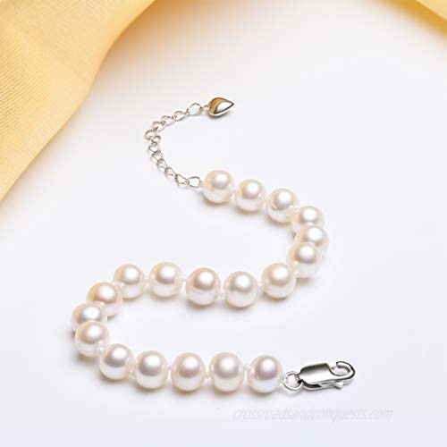 Pearl Bracelets for Women Freshwater Cultured White Round Sterling Silver Genuine Pearl Bracelet for Girls 6-6.5mm/6.5-7.5mm/7.5-8.5mm