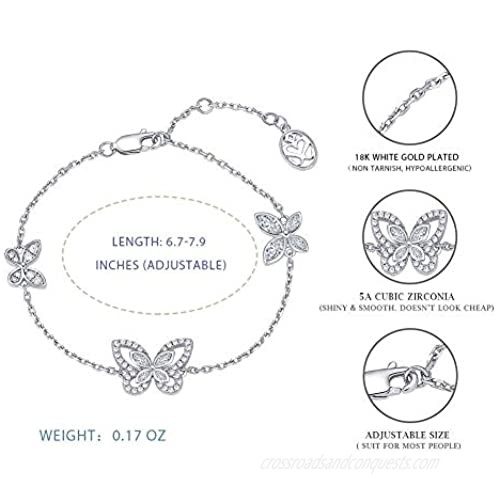 SISMIURRA Butterfly Link Bracelet 18K White Gold Plated Cubic Zirconia Chain Bracelet Birthday jewelry Gift for Women