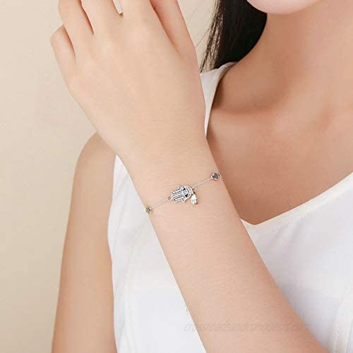 SLUYNZ 925 Sterling Silver Fatima Hamsa Hand Evil Eye Bracelet for Women Teen Girls Blue Round Eyes Bracelet