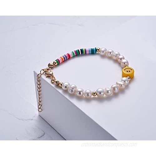 Smiley Happy Face Pearl Bracelet Colorful Rainbow Polymer Clay Beads Cute Creative Handmade Y2k 14k Gold Bracelet For Teen Girls Women