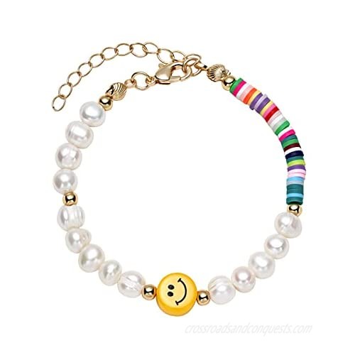 Smiley Happy Face Pearl Bracelet Colorful Rainbow Polymer Clay Beads Cute Creative Handmade Y2k 14k Gold Bracelet For Teen Girls Women