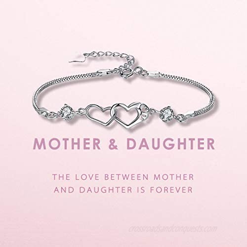 SOLINFOR Mother Daughter Bracelet - Sterling Silver Jewelry with Gift Wrapping Card - Gifts for Mom Daughter Birthday Mothers Day - Two Interlocking Hearts Bracelet for Women