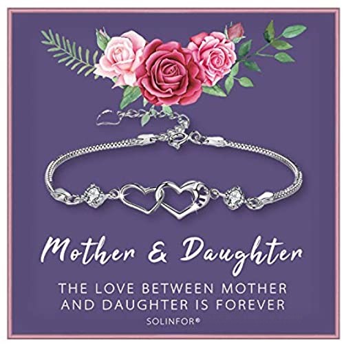 SOLINFOR Mother Daughter Bracelet - Sterling Silver Jewelry with Gift Wrapping  Card - Gifts for Mom  Daughter  Birthday  Mothers Day - Two Interlocking Hearts Bracelet for Women
