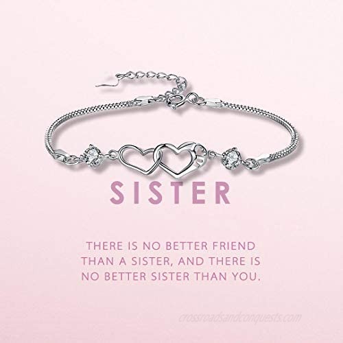SOLINFOR Sister Bracelet - Sterling Silver Jewelry with Gift Wrapping Card - Sister Gifts from Sister - Two Interlocking Hearts Bracelet for Women