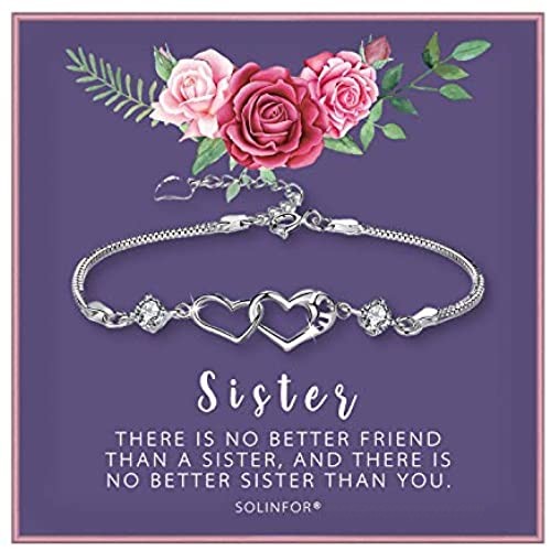 SOLINFOR Sister Bracelet - Sterling Silver Jewelry with Gift Wrapping  Card - Sister Gifts from Sister - Two Interlocking Hearts Bracelet for Women