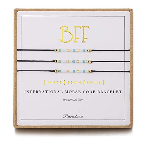 3 Pieces BFF Friendship Morse Code Bracelet Birthday Best Friends Gift For 3 Women Girls Blue White Tiny Pony Seed Beads Black String Bracelets